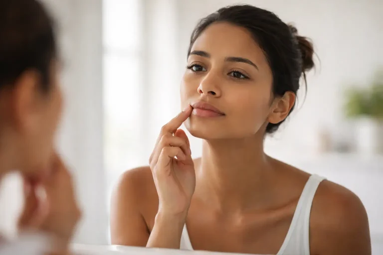 Jeune femme regardant discrètement la zone au-dessus de la lèvre supérieure dans un miroir