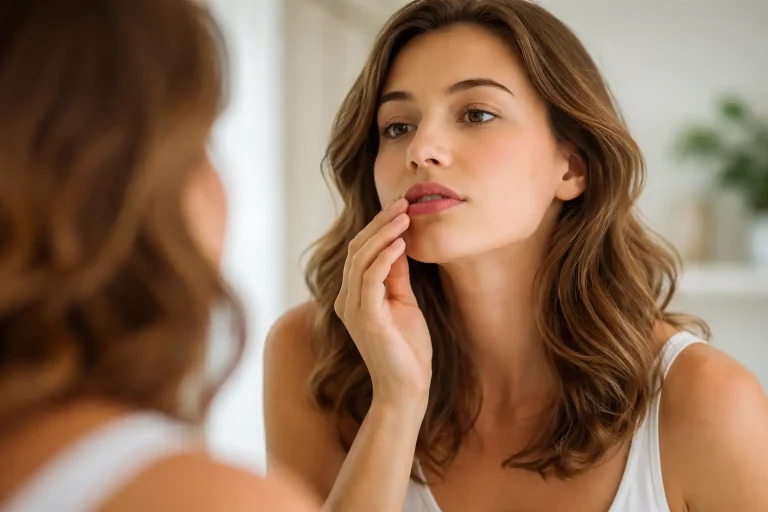 Femme regardant la zone de la lèvre supérieure et du menton dans un miroir de salle de bain"=