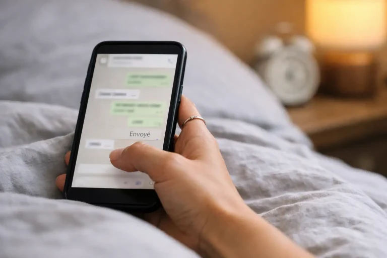 Main tenant un téléphone avec un message « envoyé », sans nouvelles après une rupture amoureuse.
