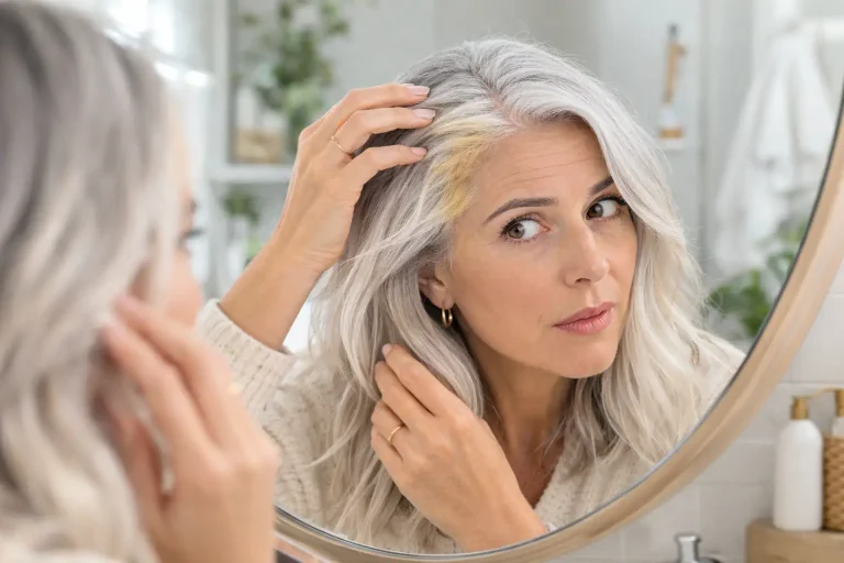 Femme aux cheveux blancs observant une légère teinte jaune près de la ligne capillaire