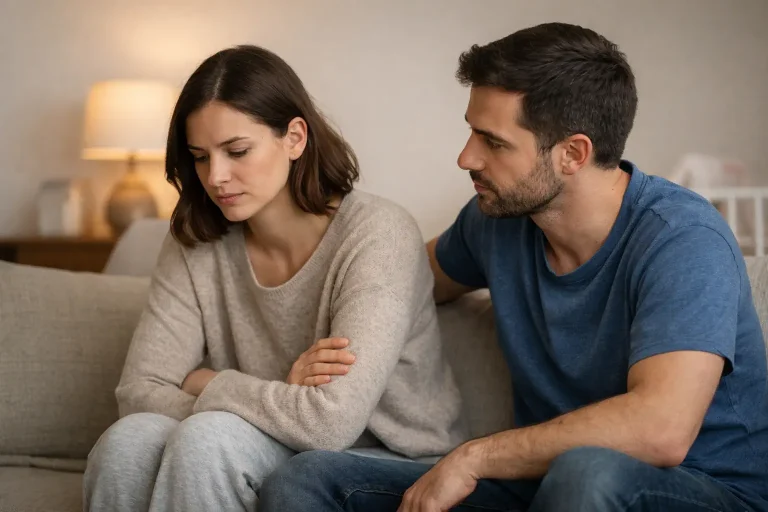 Couple dans un intérieur avec une tension discrète autour de l’intimité après l’arrivée de bébé