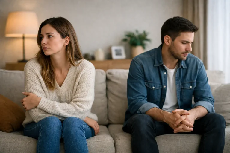 Couple assis à distance sur un canapé dans une ambiance de malaise relationnel