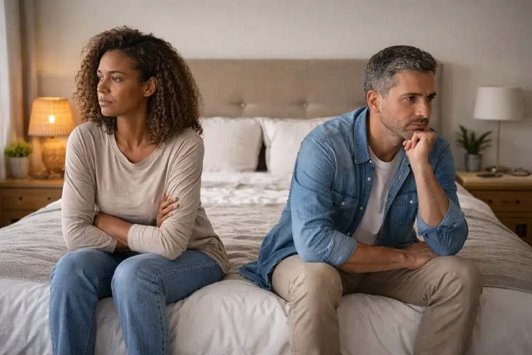 Couple en tension dans un intérieur de maison dans un contexte de famille recomposée