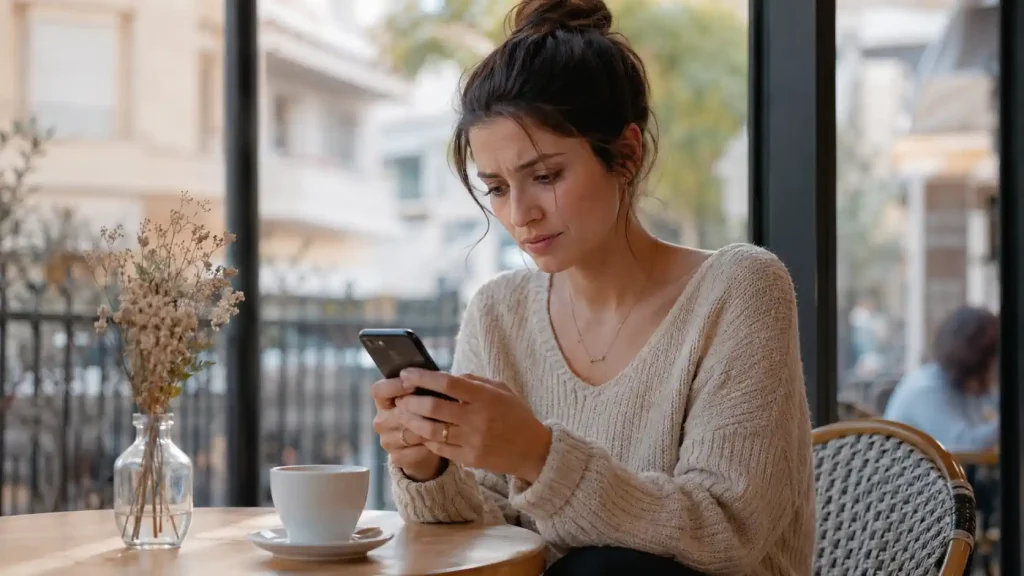 Jeune femme relisant un message avec un air pensif dans un café