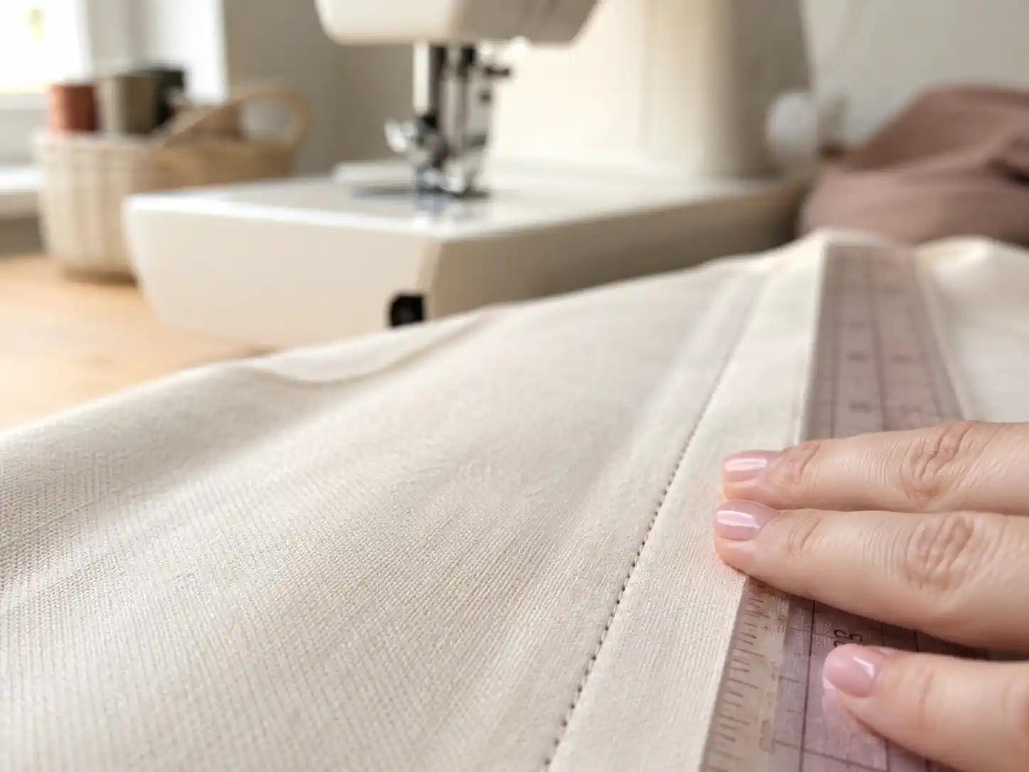 Couture droite sur un tissu clair avec une règle de couture et une machine en arrière-plan