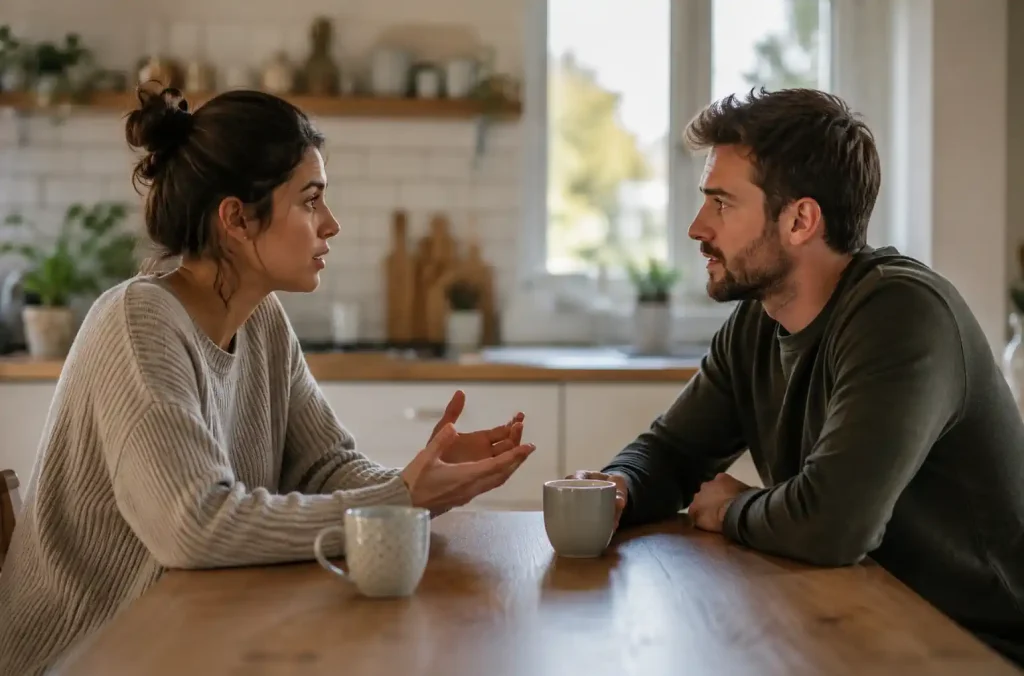 Couple discutant calmement des limites à poser avec la famill