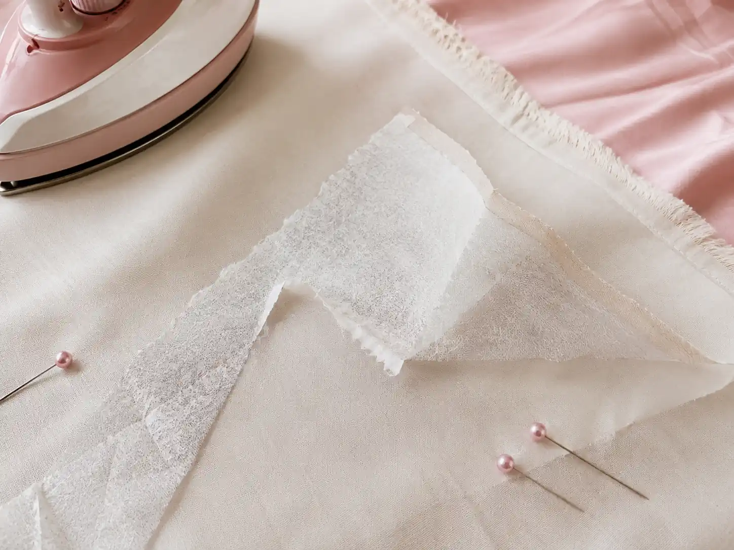 Thermocollant posé sur un tissu clair avec un petit fer et des épingles