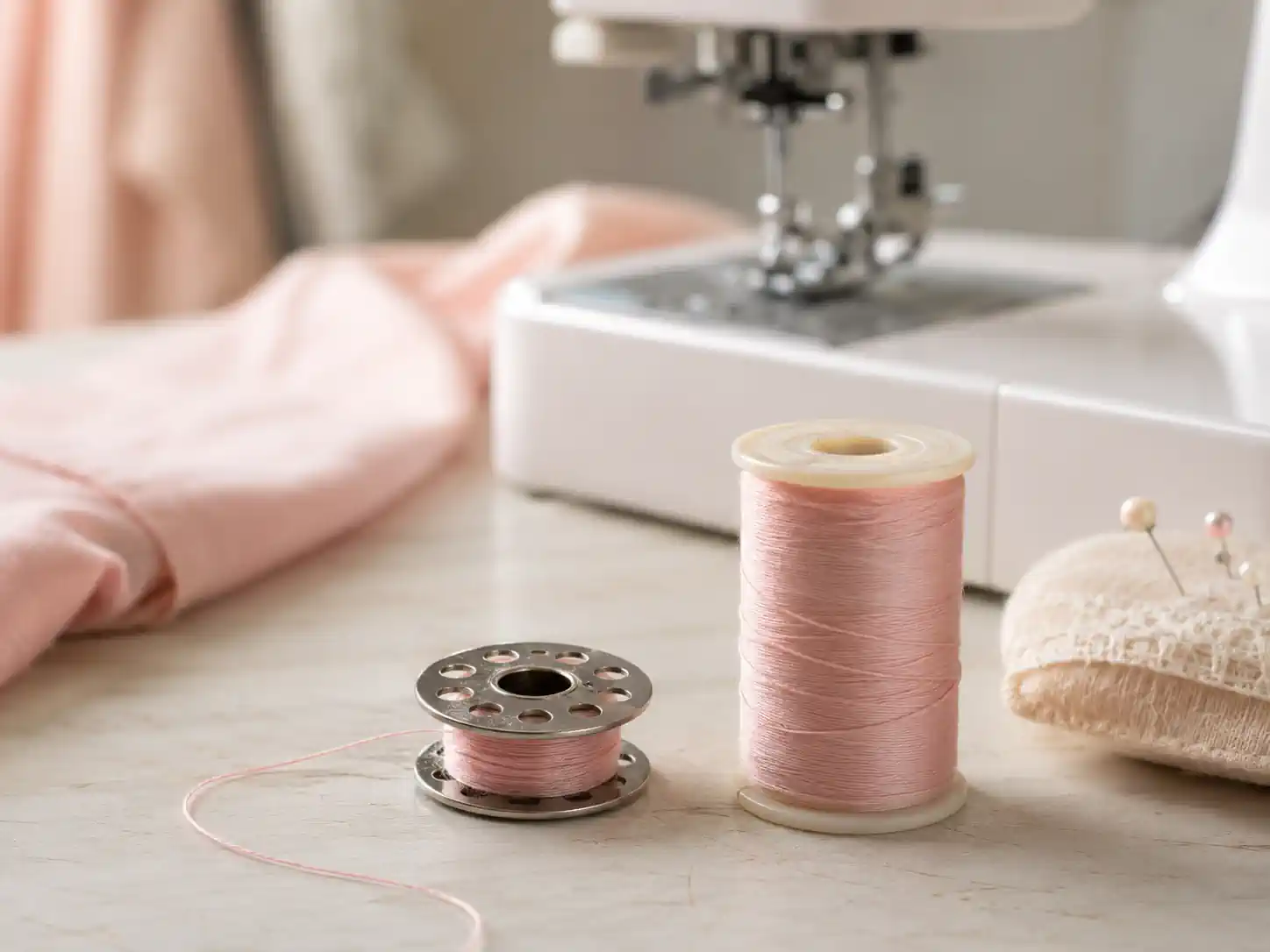Canette et bobine de fil rose posées devant une machine à coudre