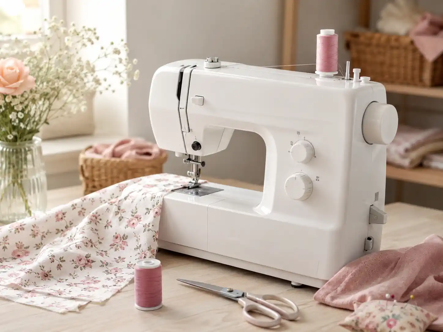 Machine à coudre blanche posée sur une table avec tissu fleuri et bobines de fil