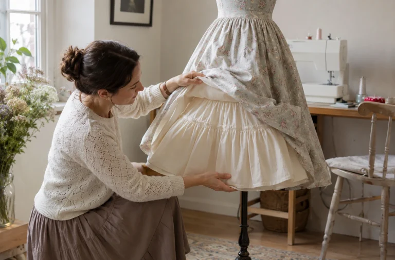 Femme ajustant un jupon gonflant en tulle sous une jupe sur un mannequin de couture