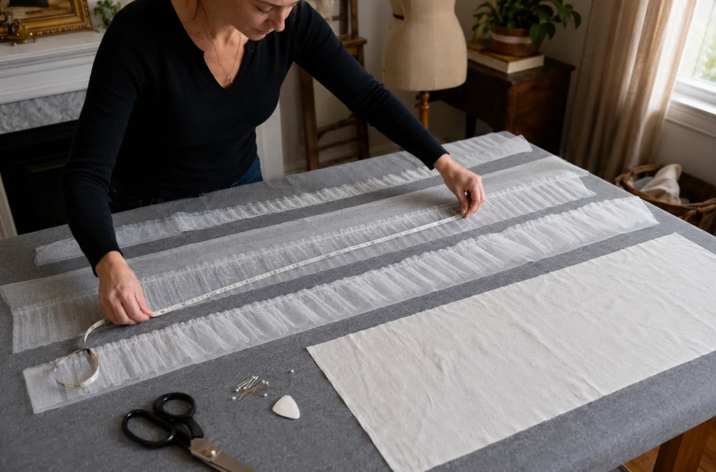 Découpe de bandes de tulle et d’une base en coton pour coudre un jupon gonflant
