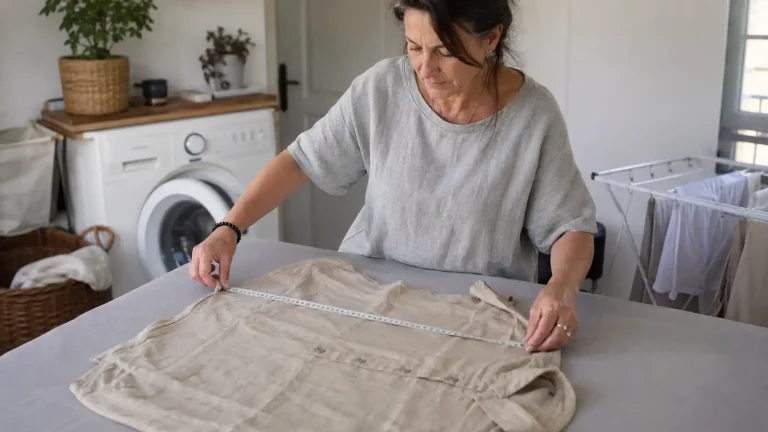 Femme mesurant une chemise en lin après son lavage