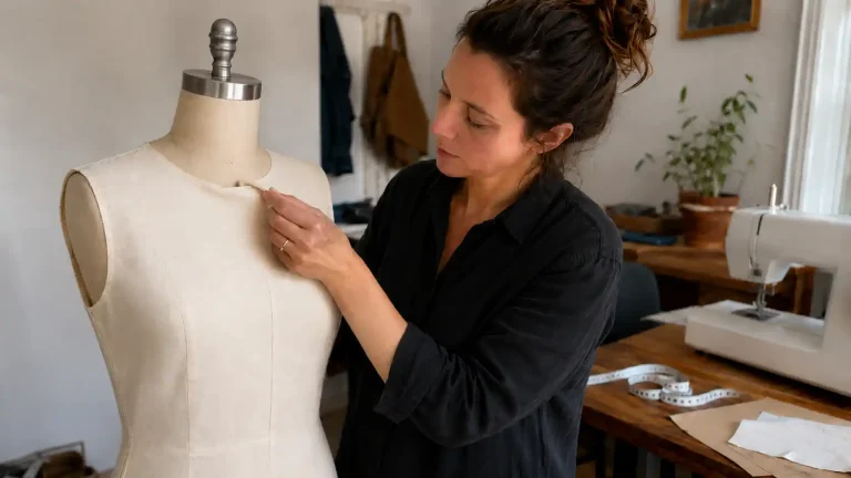 Femme ajustant sur un mannequin une encolure de blouse qui baille