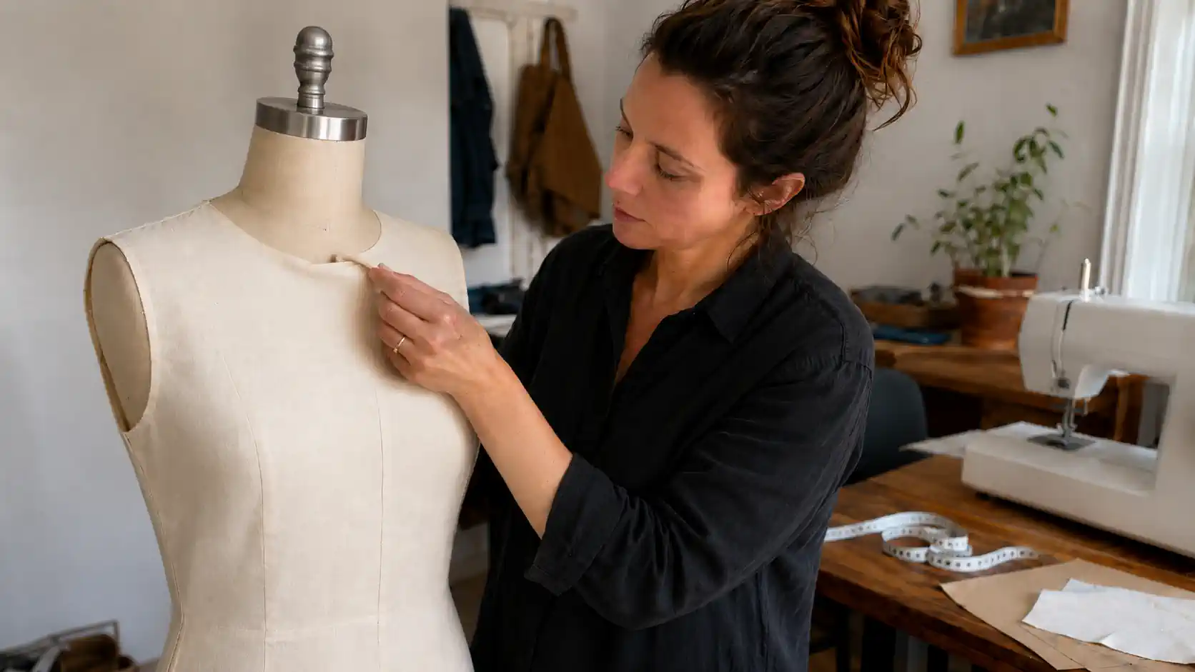 Femme ajustant sur un mannequin une encolure de blouse qui baille