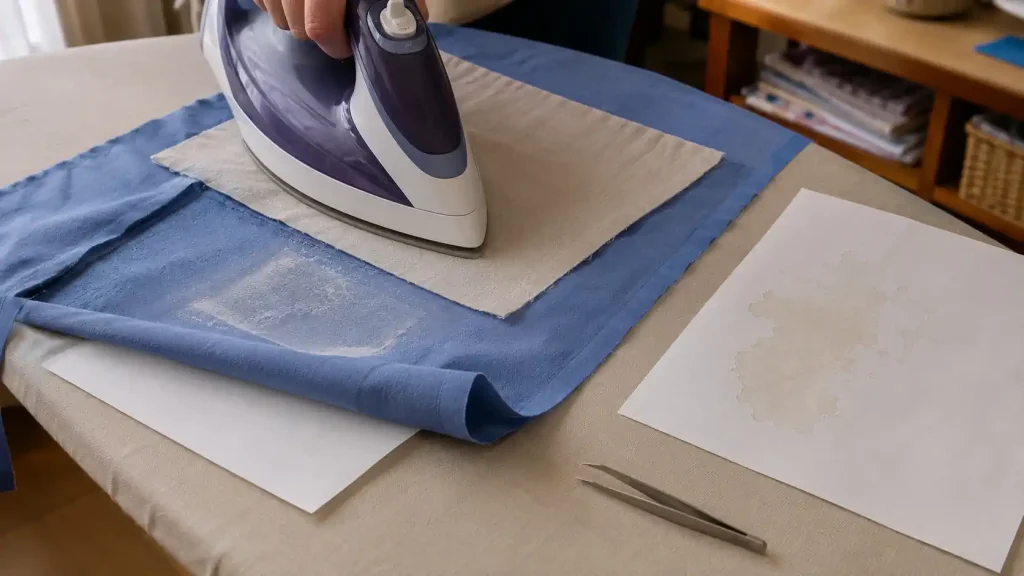 Résidus de colle thermocollante transférés sur du papier pendant le repassage d’un tissu bleu