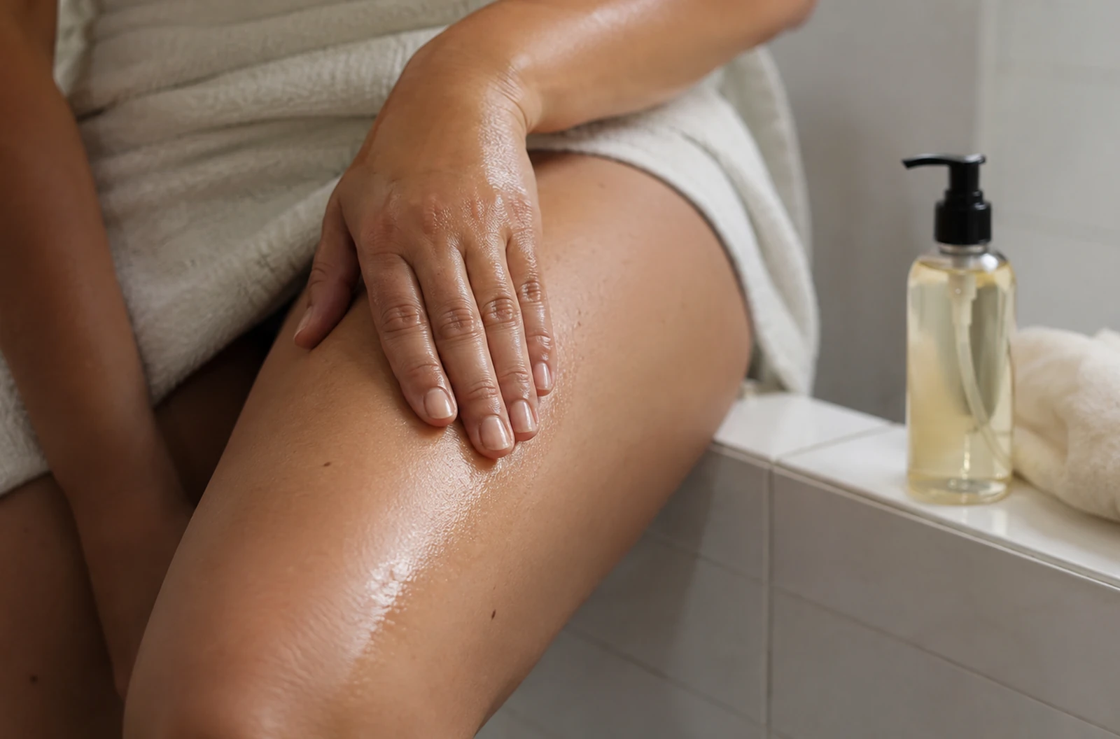 Application d’une petite quantité d’huile corporelle sur une jambe