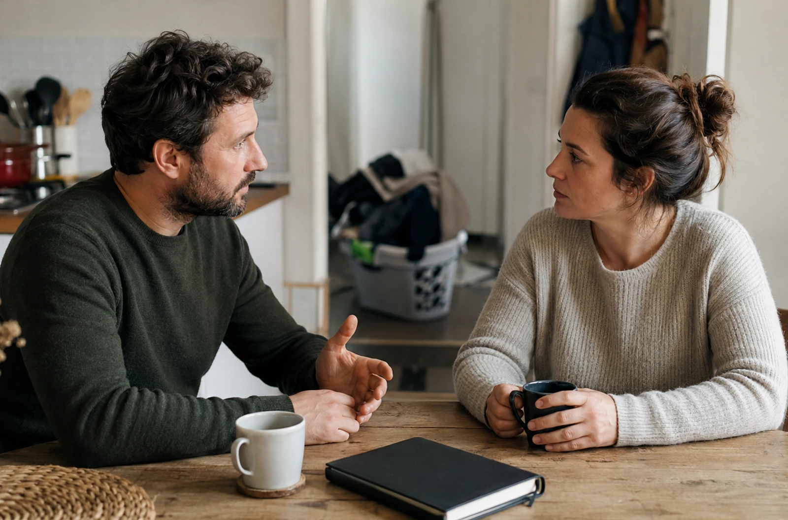 Couple discutant calmement de l’organisation du quotidien