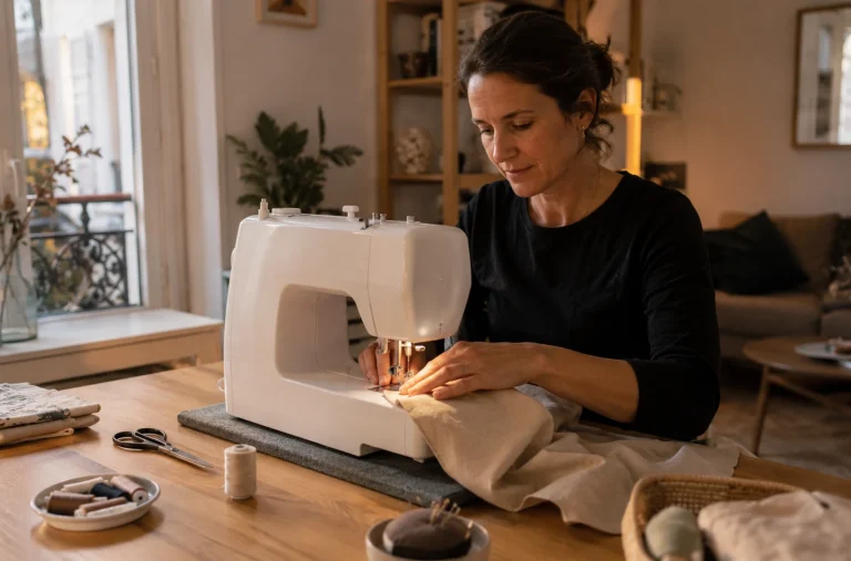 Femme utilisant une machine à coudre sur une table stable avec tapis anti-vibration