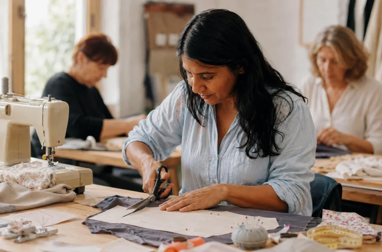 Femme débutante découpant son tissu pendant son premier cours de couture