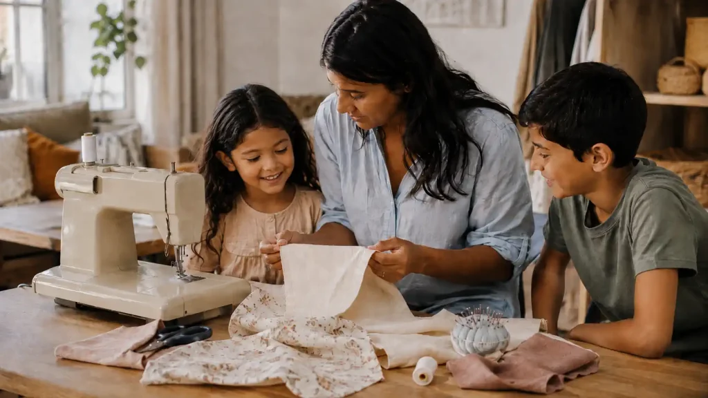 Mère préparant un projet couture avec ses enfants autour d’une machine à coudre