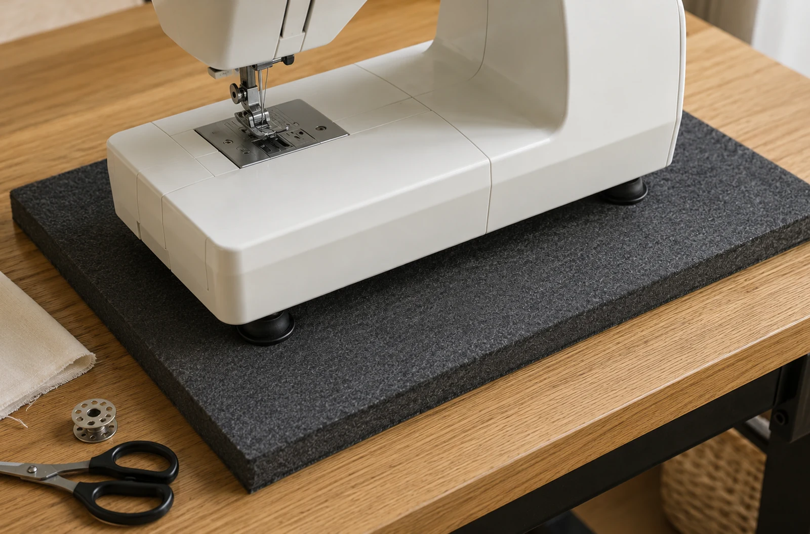 Machine à coudre posée sur un tapis anti-vibration sur une table stable
